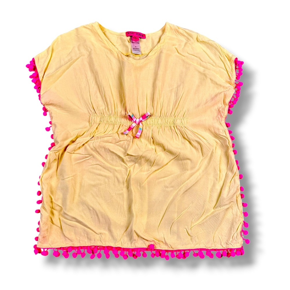 Betsey Johnson Kids Yellow Pom Pom Swim‎ Cover Up Dress Size 6 Rayon Pink Trim